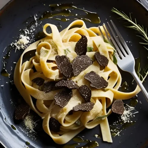 Trüffel-Pasta Freude: Ein luxuriöses Erlebnis 2 Cremige Trüffel-Pasta mit Tagliatelle, gehobelten schwarzen Trüffeln und Parmesan auf einem rustikalen Teller mit einer Gabel und stimmungsvoller Beleuchtung.