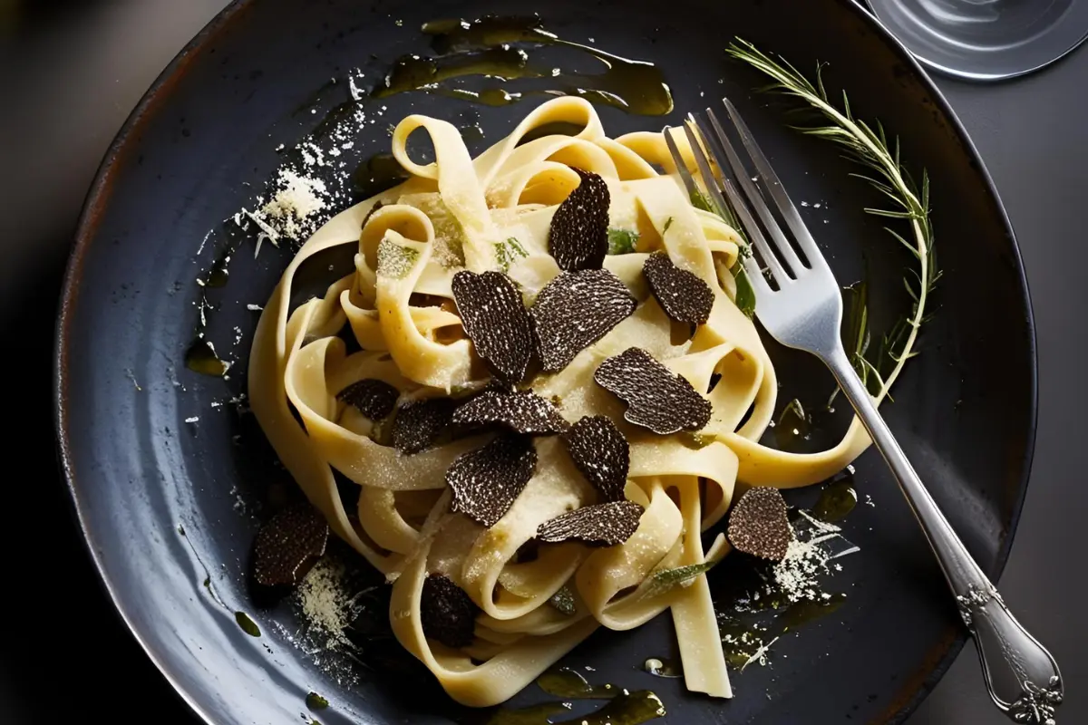 Cremige Trüffel-Pasta mit Tagliatelle, gehobelten schwarzen Trüffeln und Parmesan auf einem rustikalen Teller mit einer Gabel und stimmungsvoller Beleuchtung.